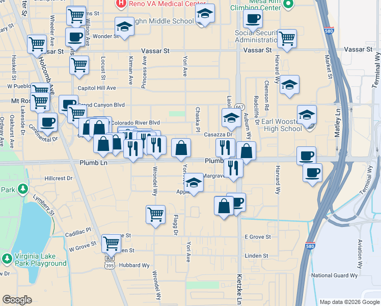 map of restaurants, bars, coffee shops, grocery stores, and more near 645 East Plumb Lane in Reno