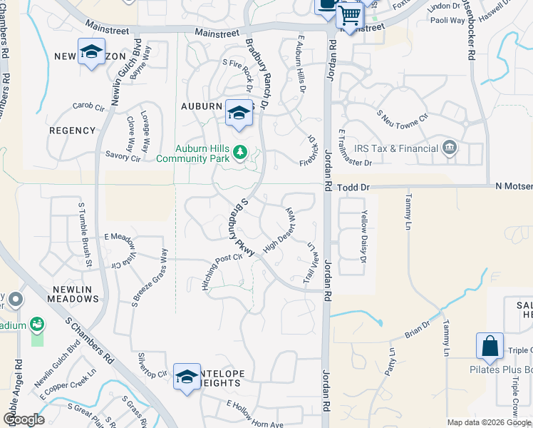 map of restaurants, bars, coffee shops, grocery stores, and more near 16528 High Desert Way in Parker
