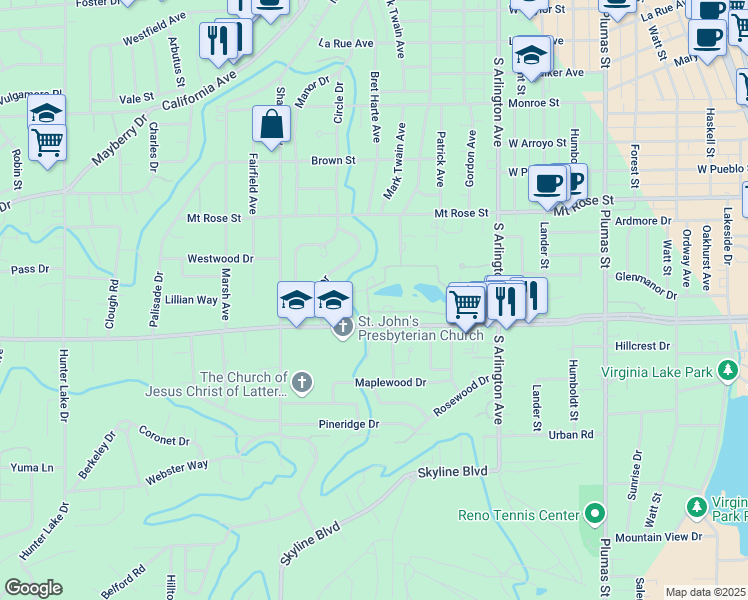 map of restaurants, bars, coffee shops, grocery stores, and more near 1077 Dartmouth Drive in Reno