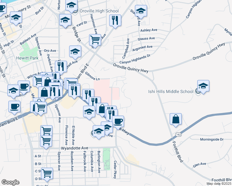 map of restaurants, bars, coffee shops, grocery stores, and more near 2750 Gilmore Lane in Oroville