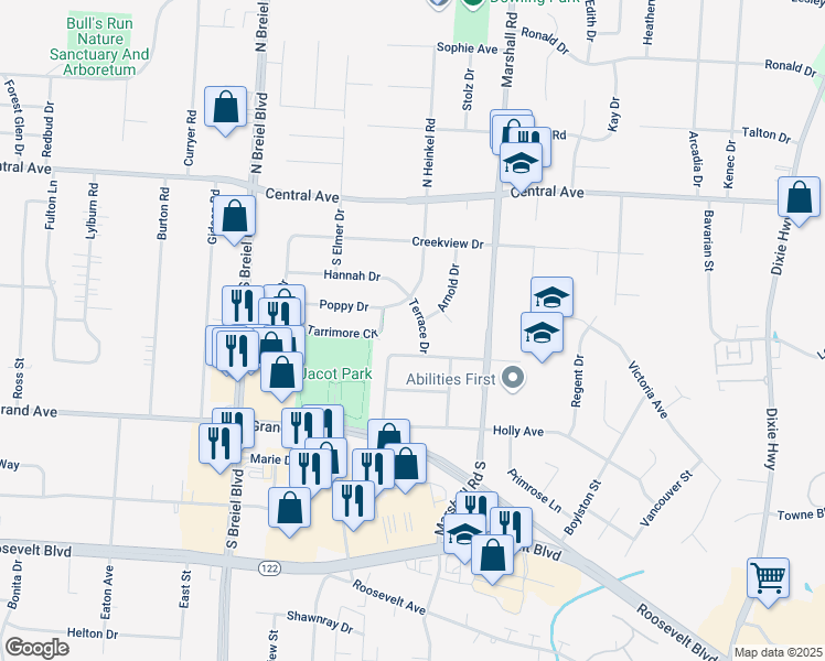 map of restaurants, bars, coffee shops, grocery stores, and more near 205 Terrace Drive in Middletown