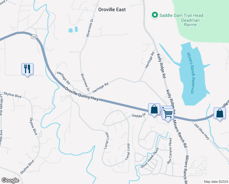 map of restaurants, bars, coffee shops, grocery stores, and more near Heritage Road in Oroville East