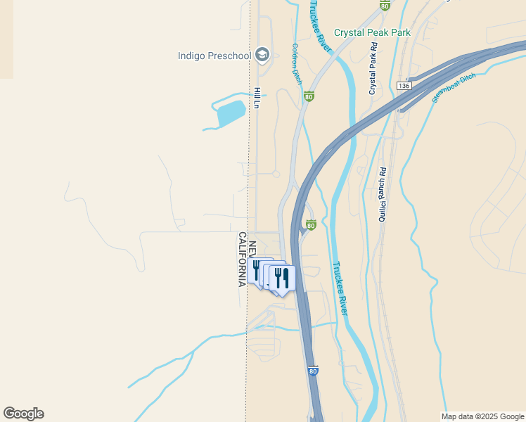 map of restaurants, bars, coffee shops, grocery stores, and more near 425 Hill Lane in Verdi