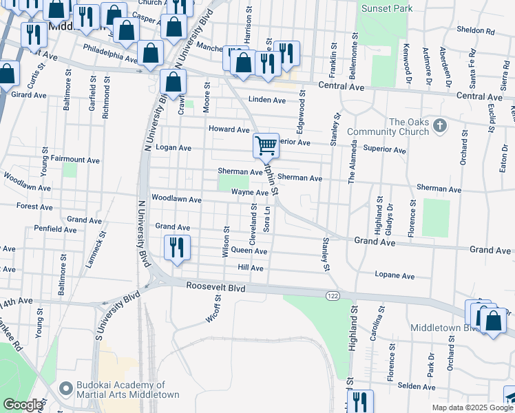 map of restaurants, bars, coffee shops, grocery stores, and more near 2123 Wayne Avenue in Middletown