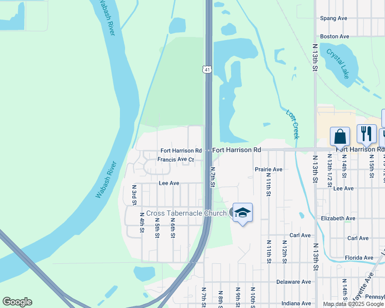 map of restaurants, bars, coffee shops, grocery stores, and more near 626 Francis Avenue Court in Terre Haute