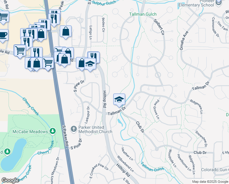 map of restaurants, bars, coffee shops, grocery stores, and more near 20151 Tallman Drive in Parker