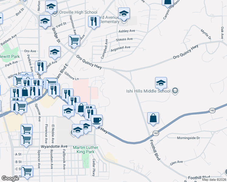 map of restaurants, bars, coffee shops, grocery stores, and more near Foothill Boulevard in Oroville