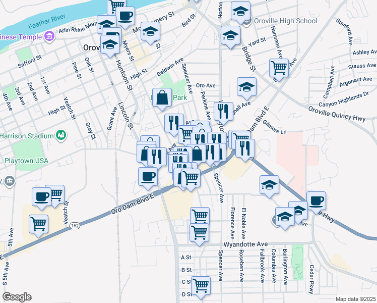 map of restaurants, bars, coffee shops, grocery stores, and more near 2325 Myers Street in Oroville