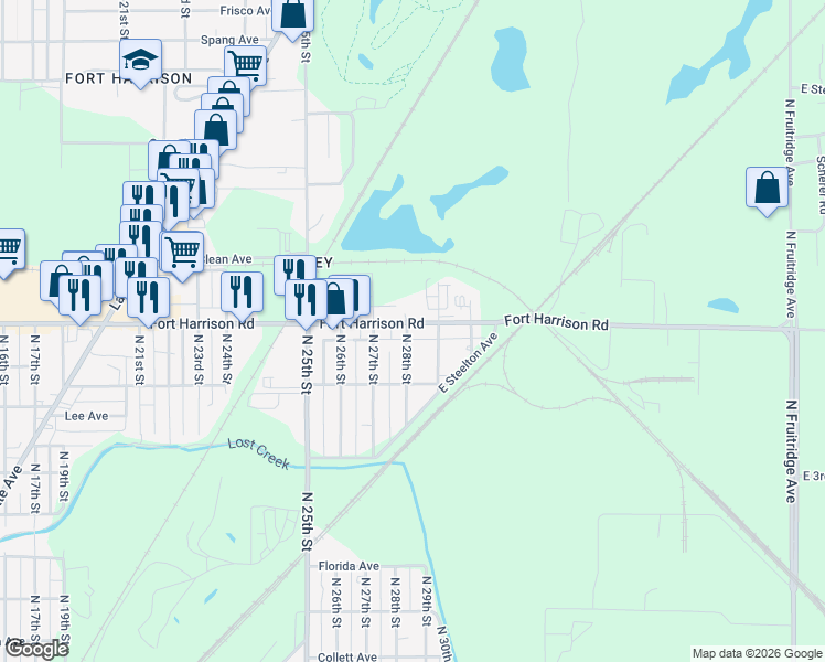 map of restaurants, bars, coffee shops, grocery stores, and more near 2805 Fort Harrison Road in Terre Haute