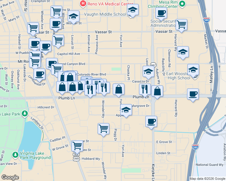 map of restaurants, bars, coffee shops, grocery stores, and more near 775 Topaz Drive in Reno