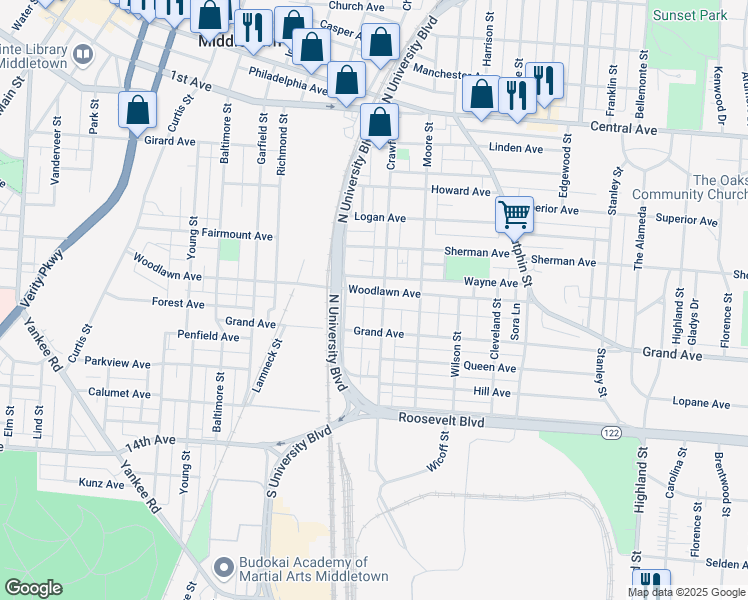 map of restaurants, bars, coffee shops, grocery stores, and more near 1823 Woodlawn Avenue in Middletown