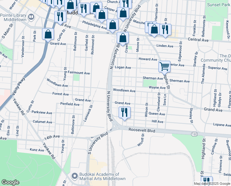 map of restaurants, bars, coffee shops, grocery stores, and more near 1823 Woodlawn Avenue in Middletown