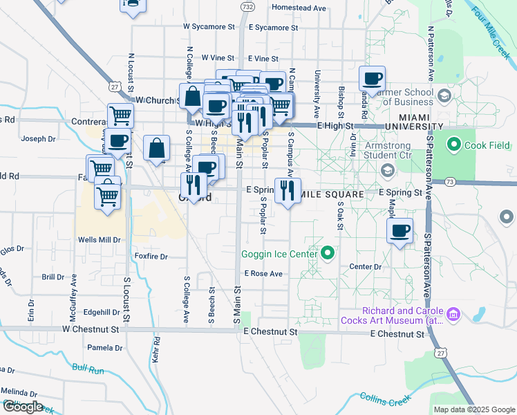map of restaurants, bars, coffee shops, grocery stores, and more near 312 South Poplar Street in Oxford
