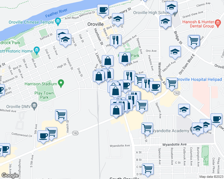 map of restaurants, bars, coffee shops, grocery stores, and more near 2110 Lincoln Street in Oroville