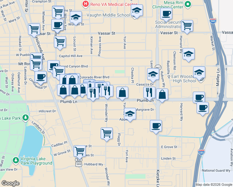 map of restaurants, bars, coffee shops, grocery stores, and more near 775 Topaz Drive in Reno