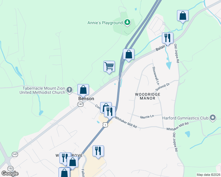 map of restaurants, bars, coffee shops, grocery stores, and more near 1504 Belair Road in Bel Air
