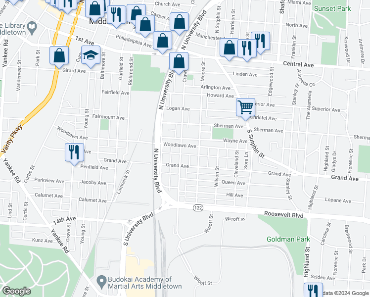 map of restaurants, bars, coffee shops, grocery stores, and more near 1902 Woodlawn Avenue in Middletown