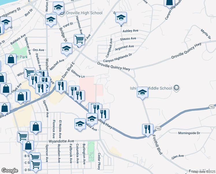 map of restaurants, bars, coffee shops, grocery stores, and more near 2750 Gilmore Lane in Oroville