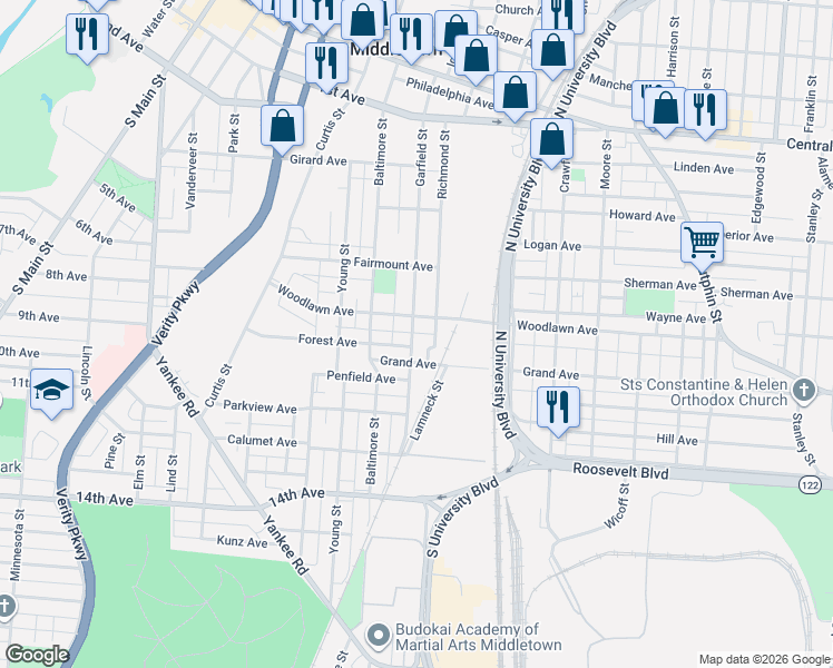 map of restaurants, bars, coffee shops, grocery stores, and more near 601 Garfield Street in Middletown