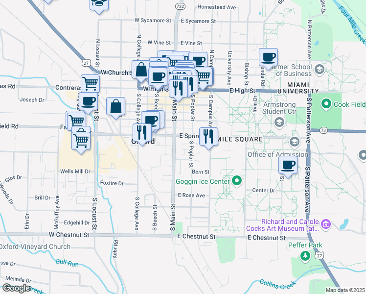 map of restaurants, bars, coffee shops, grocery stores, and more near 312 South Poplar Street in Oxford