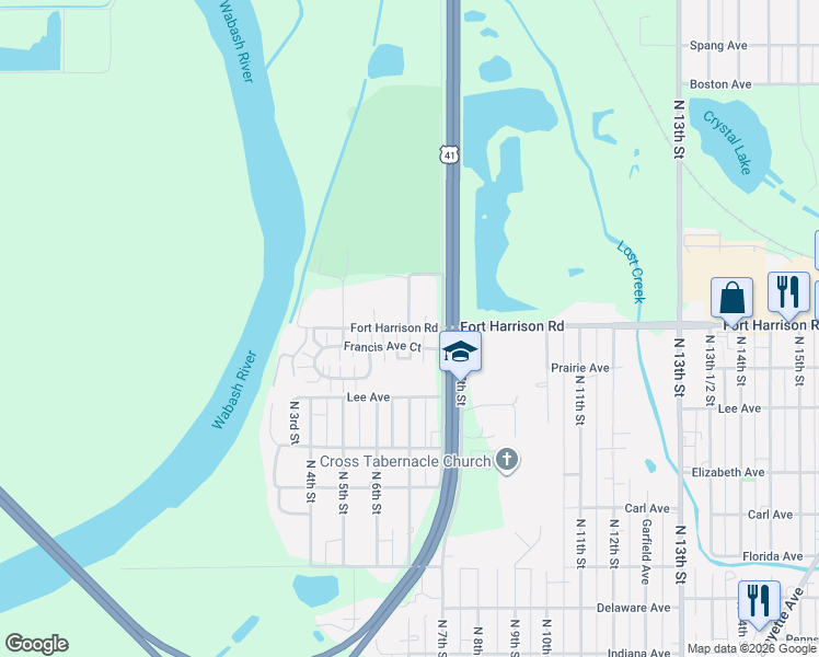 map of restaurants, bars, coffee shops, grocery stores, and more near 3313 North 6th 1/2 Street in Terre Haute