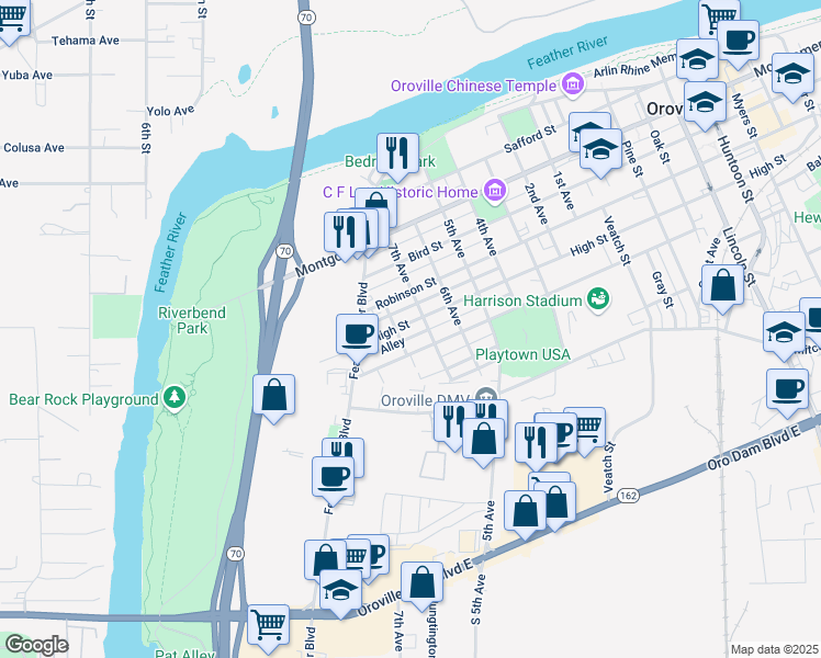 map of restaurants, bars, coffee shops, grocery stores, and more near 665 High Street in Oroville