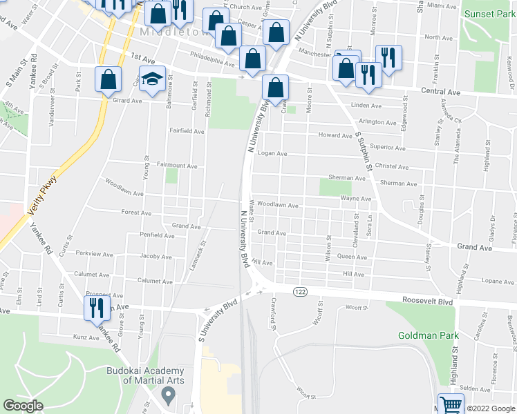 map of restaurants, bars, coffee shops, grocery stores, and more near 1816 Woodlawn Avenue in Middletown