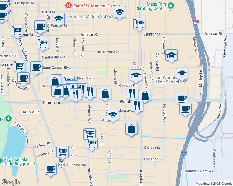 map of restaurants, bars, coffee shops, grocery stores, and more near 645 East Plumb Lane in Reno