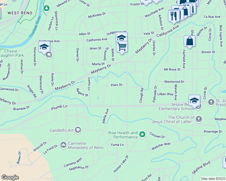 map of restaurants, bars, coffee shops, grocery stores, and more near 1488 Pass Drive in Reno