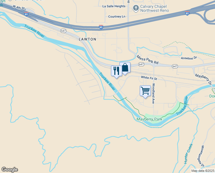map of restaurants, bars, coffee shops, grocery stores, and more near 10 River Park Court in Reno