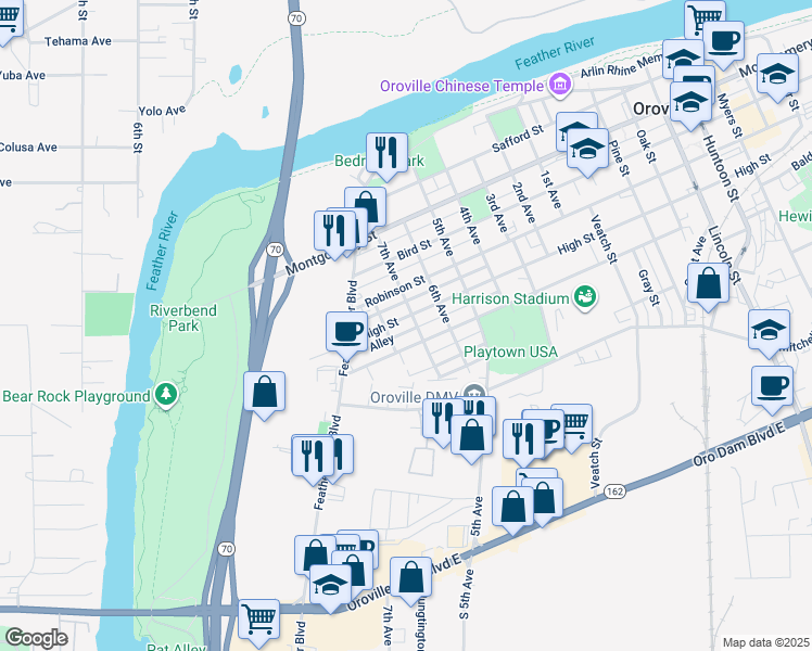 map of restaurants, bars, coffee shops, grocery stores, and more near 681 High Street in Oroville