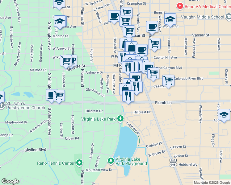 map of restaurants, bars, coffee shops, grocery stores, and more near 1692 Oakhurst Avenue in Reno