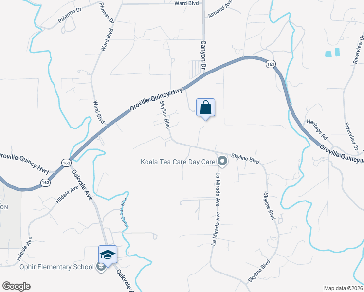 map of restaurants, bars, coffee shops, grocery stores, and more near 80 Skyline Boulevard in Oroville