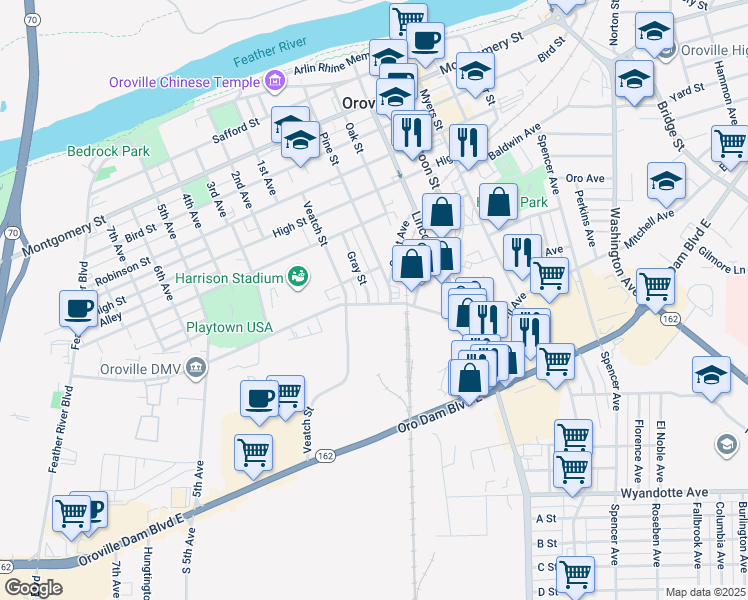 map of restaurants, bars, coffee shops, grocery stores, and more near 2185 Gray Street in Oroville