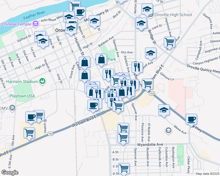 map of restaurants, bars, coffee shops, grocery stores, and more near 2055 Mitchell Avenue in Oroville