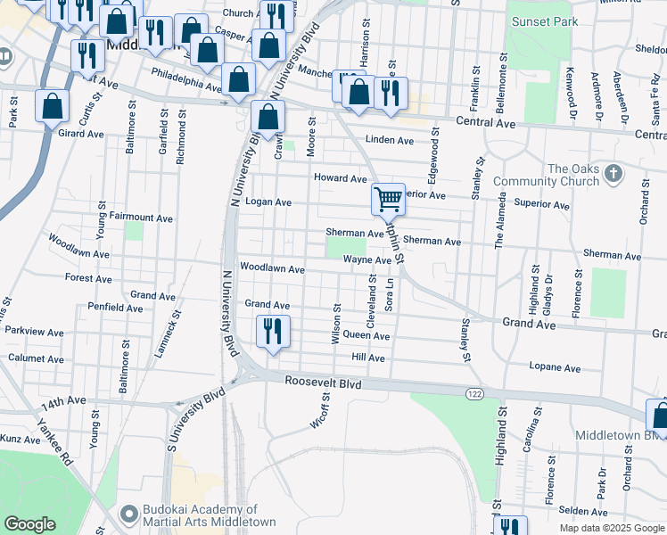map of restaurants, bars, coffee shops, grocery stores, and more near 2036 Wayne Avenue in Middletown