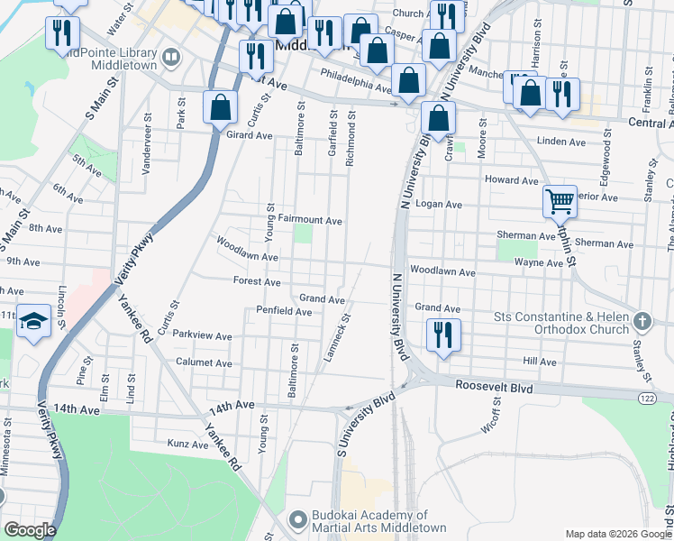map of restaurants, bars, coffee shops, grocery stores, and more near 601 Garfield Street in Middletown