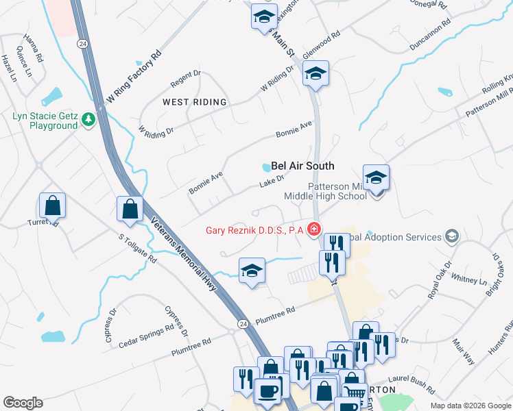 map of restaurants, bars, coffee shops, grocery stores, and more near 1709 Pine Forest Court in Bel Air