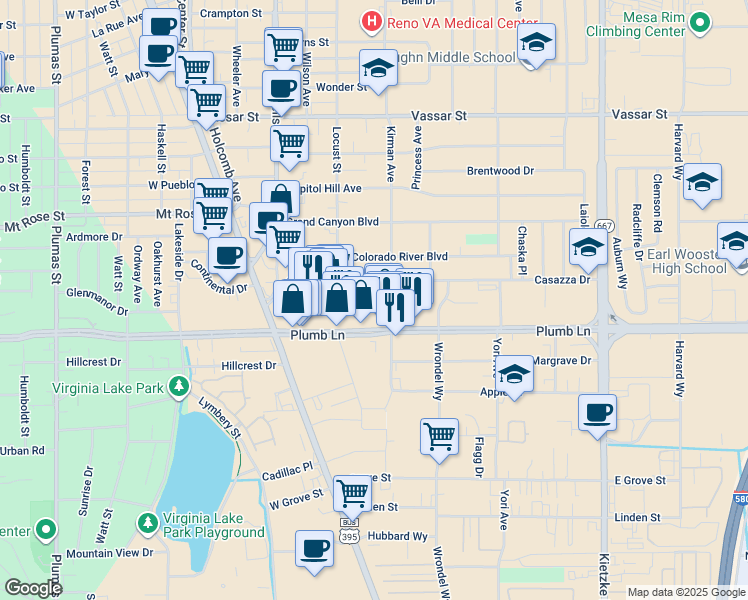 map of restaurants, bars, coffee shops, grocery stores, and more near 365 East Plumb Lane in Reno