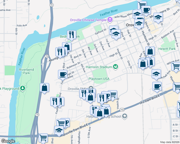 map of restaurants, bars, coffee shops, grocery stores, and more near 816 Pomona Avenue in Oroville