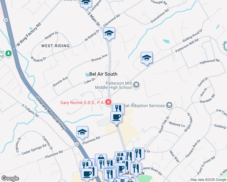 map of restaurants, bars, coffee shops, grocery stores, and more near 2 Patterson Mill Road in Bel Air