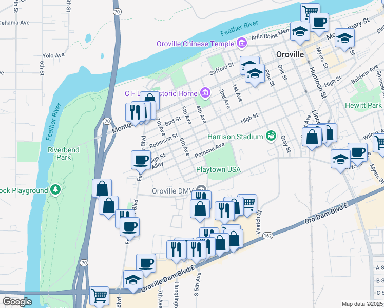 map of restaurants, bars, coffee shops, grocery stores, and more near 816 Pomona Avenue in Oroville
