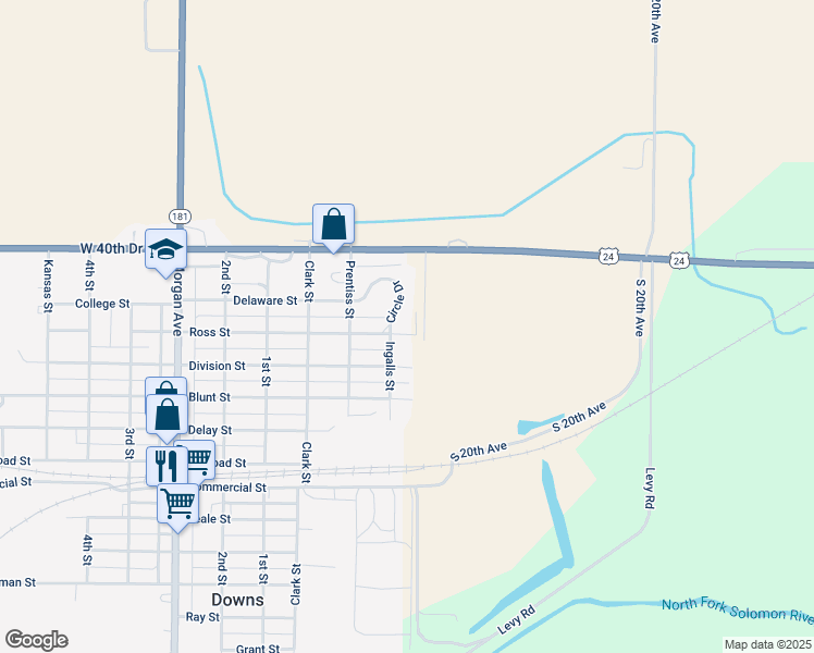 map of restaurants, bars, coffee shops, grocery stores, and more near Ross Street in Downs