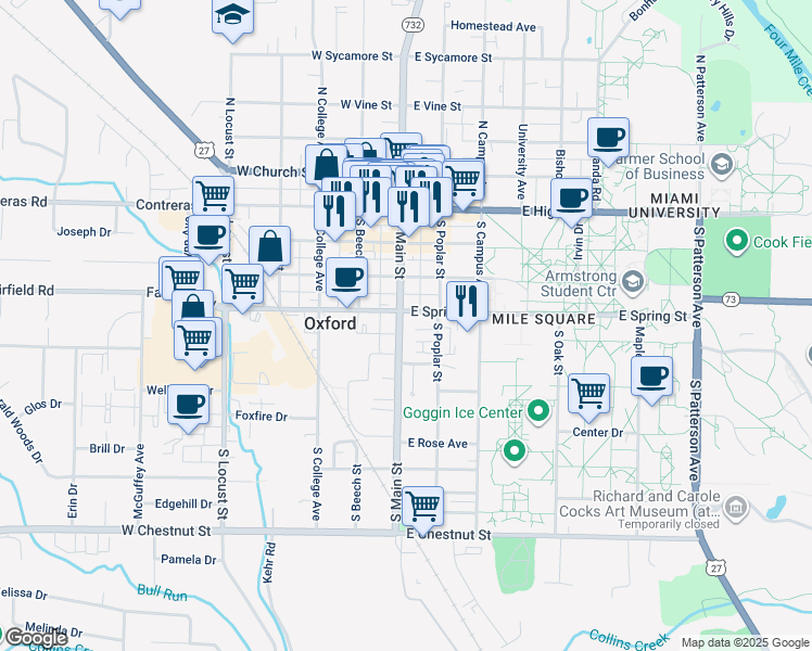 map of restaurants, bars, coffee shops, grocery stores, and more near 305 South Main Street in Oxford