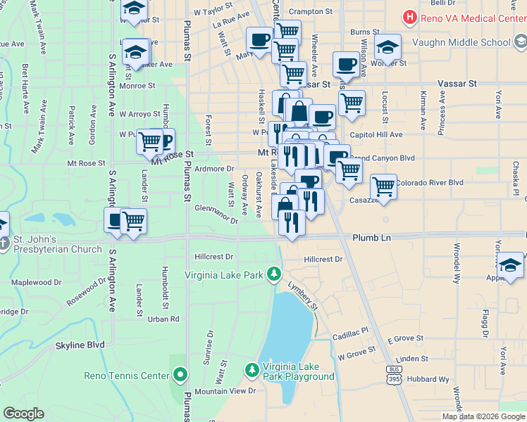 map of restaurants, bars, coffee shops, grocery stores, and more near 1692 Oakhurst Avenue in Reno