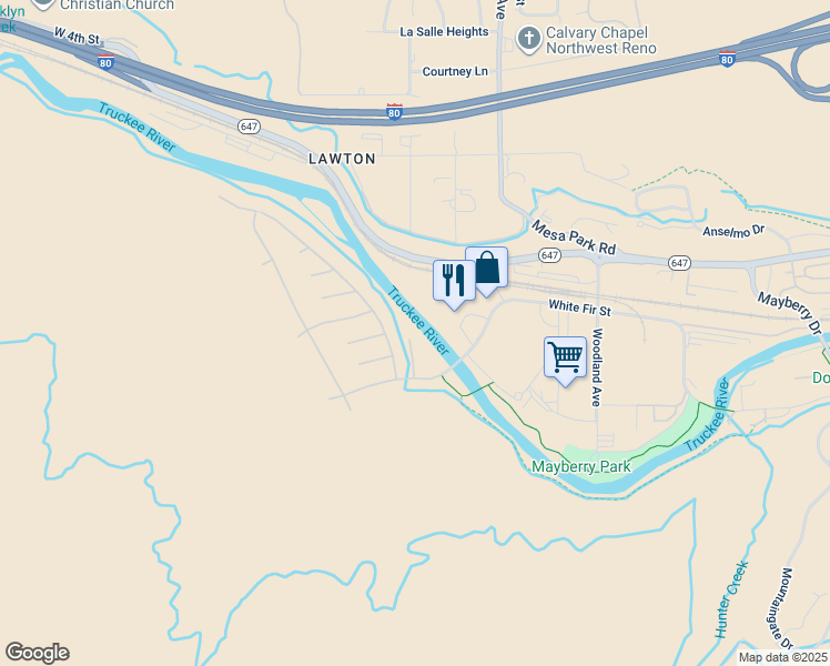 map of restaurants, bars, coffee shops, grocery stores, and more near 10 River Park Court in Reno