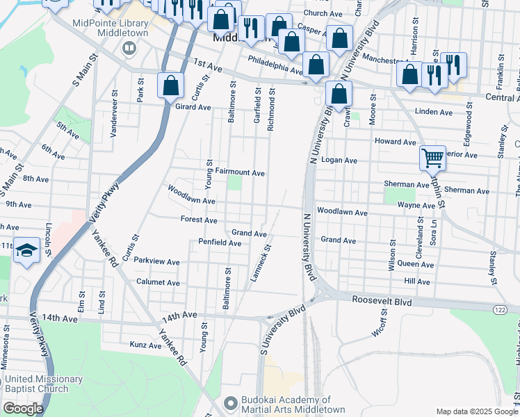 map of restaurants, bars, coffee shops, grocery stores, and more near 1604 Woodlawn Avenue in Middletown