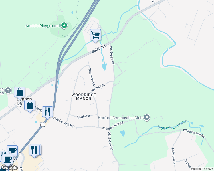 map of restaurants, bars, coffee shops, grocery stores, and more near 506 Summit Drive in Fallston
