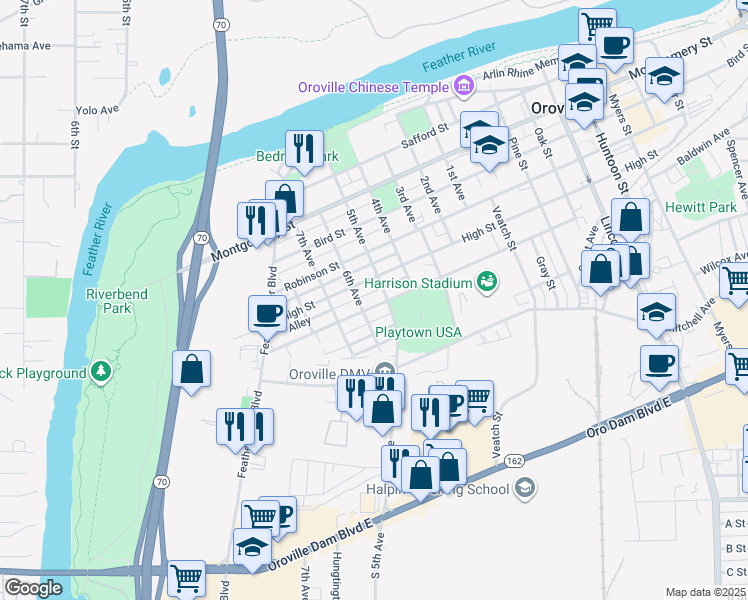 map of restaurants, bars, coffee shops, grocery stores, and more near 836 Pomona Avenue in Oroville