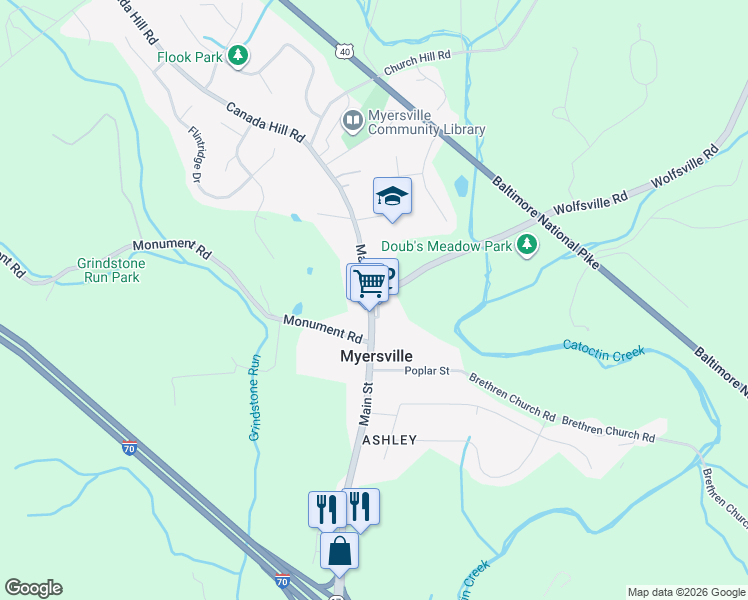 map of restaurants, bars, coffee shops, grocery stores, and more near 313 Main Street in Myersville